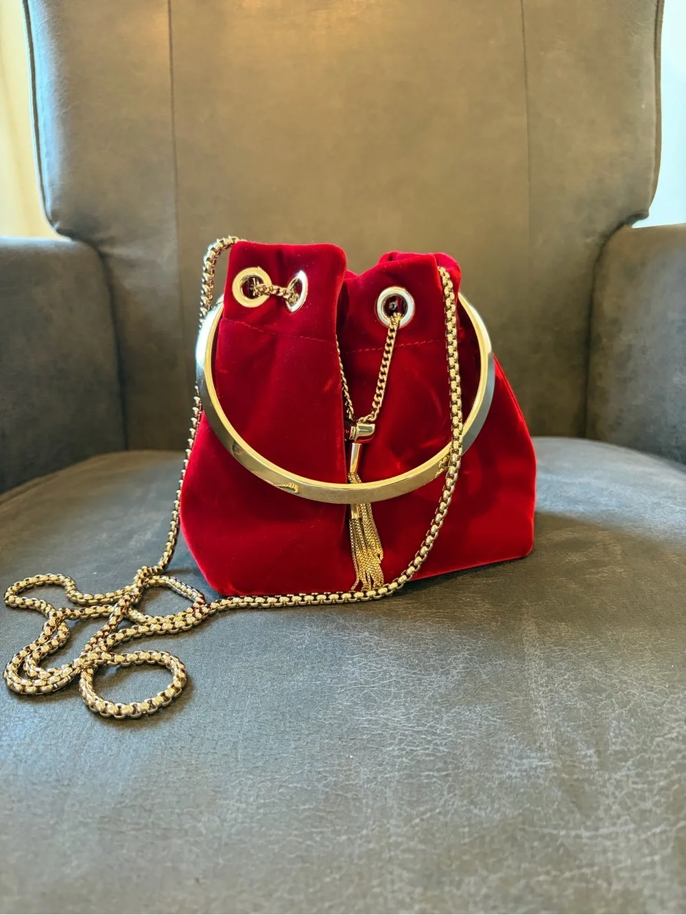 Jimmy Choo Red Velvet Drawstring Satchel with Gold Chain